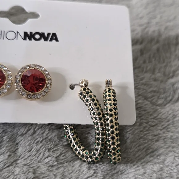* Fashion Nova Women's Merry And Bright 3 Pack Earrings Set - Green/Red - Picture 6 of 8